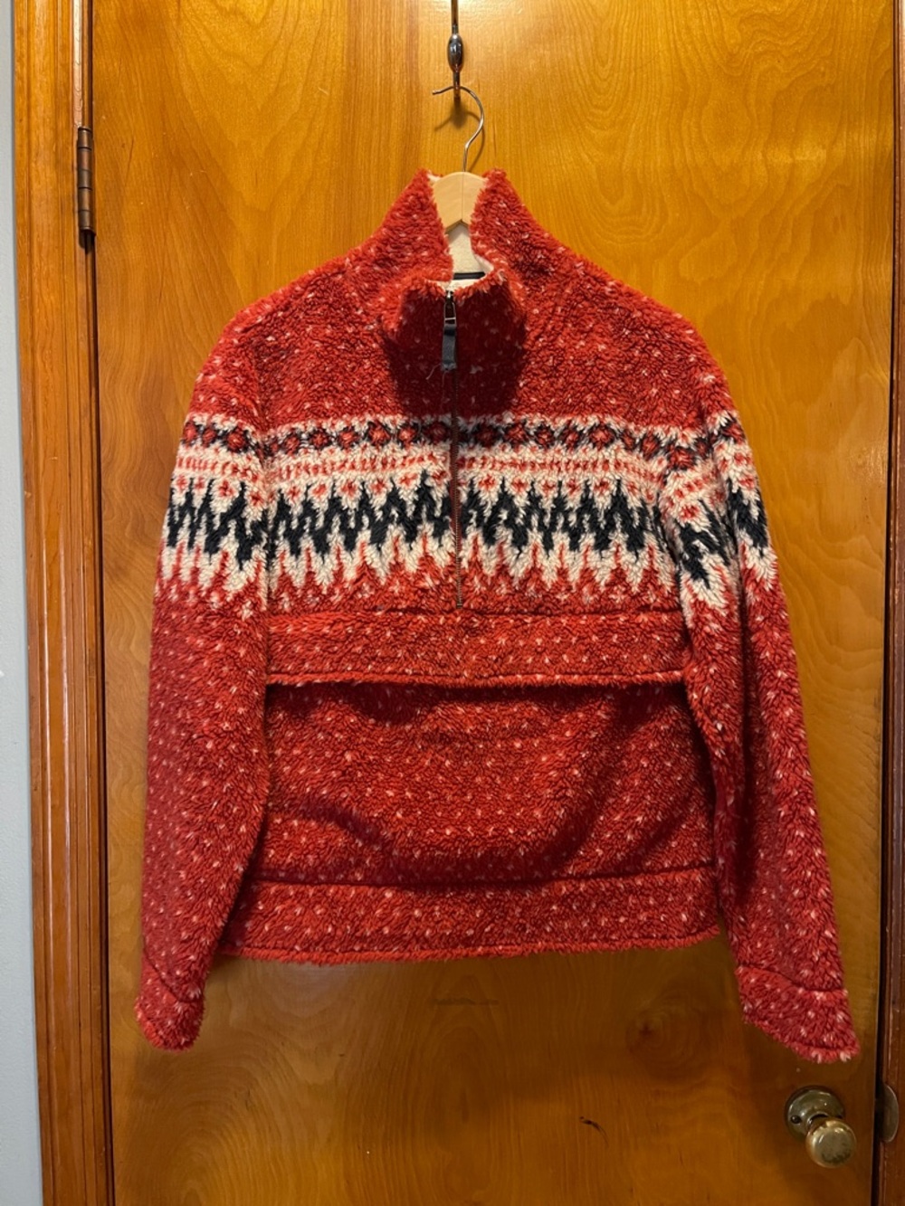 L.L. Bean Red Fleece Quarter Zip Jacket with Black & White Fair Isle Pattern